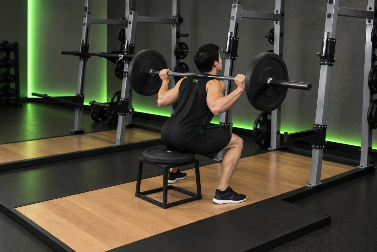 Squat chạm ghế với tạ đòn (Kết thúc)
