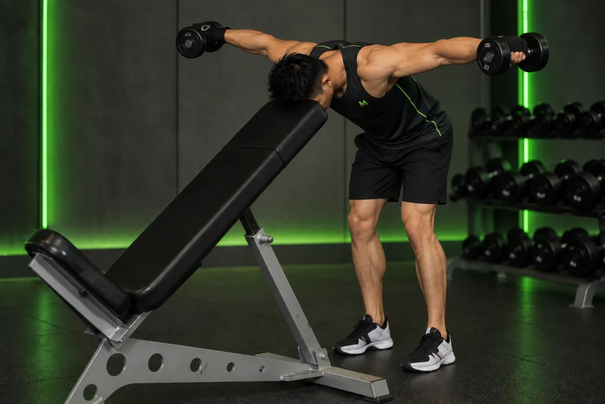 Bent Over Dumbbell Rear Delt Raise With Head On Bench (End)