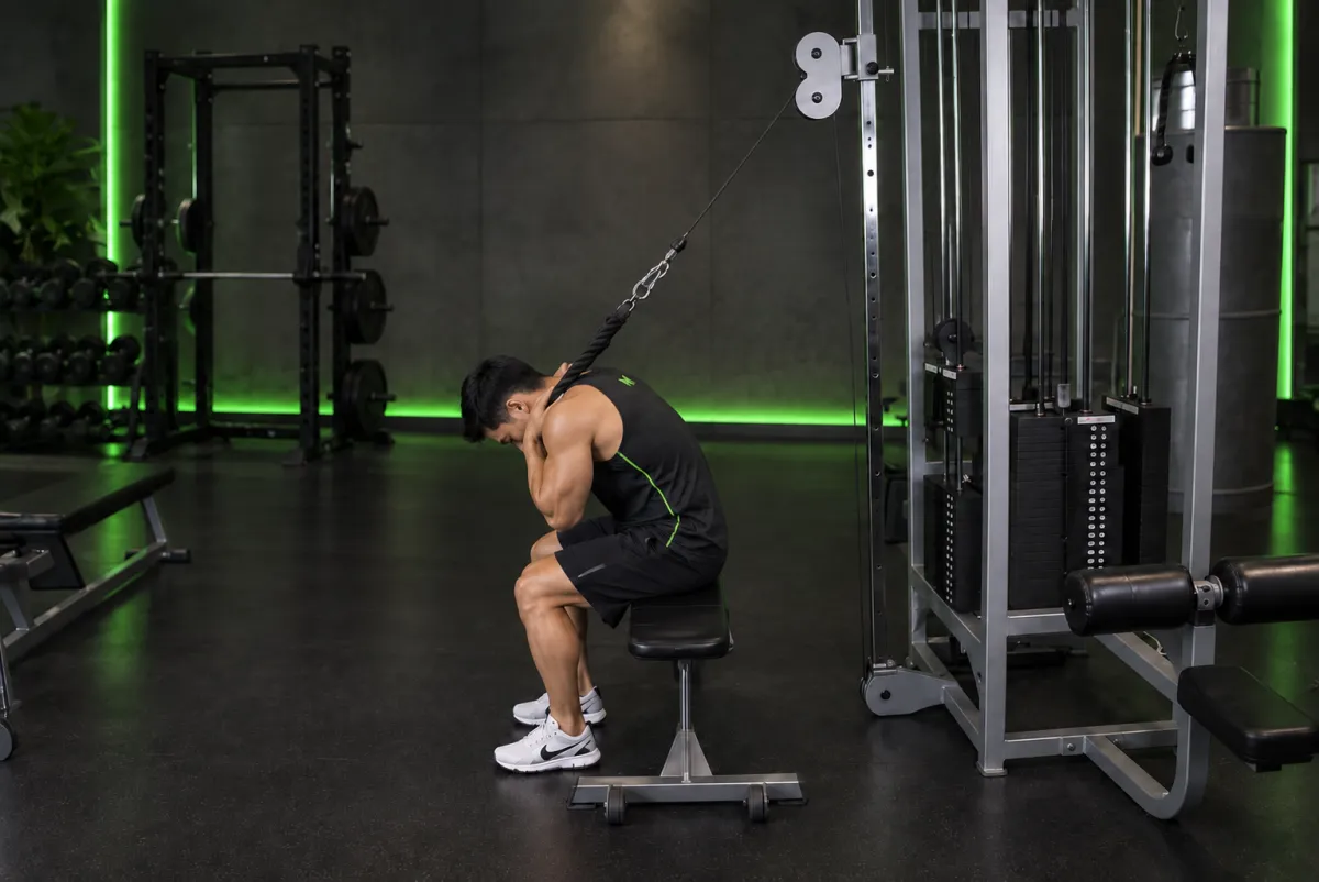 Gập bụng cáp ngồi (cable seated crunch) (Kết thúc)