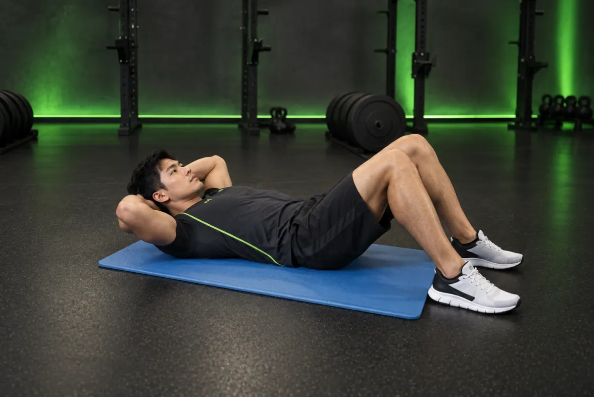 Gập bụng chéo người (cross-body crunch) (Bắt đầu)