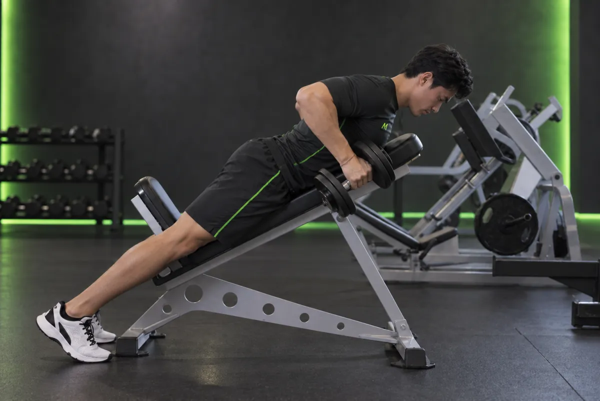 Kéo tạ đơn nằm sấp trên ghế dốc (incline dumbbell row) (Kết thúc)