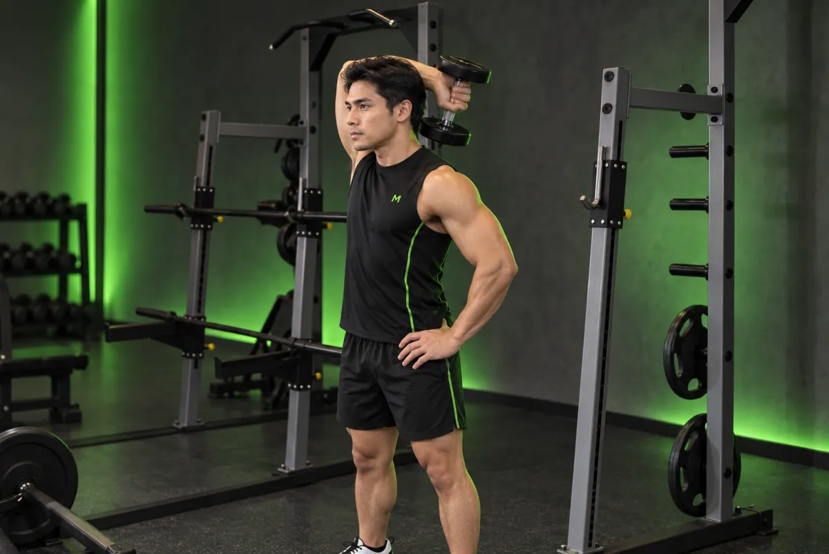 Duỗi tay sau một tay với tạ đơn (one-arm triceps extension) (Bắt đầu)