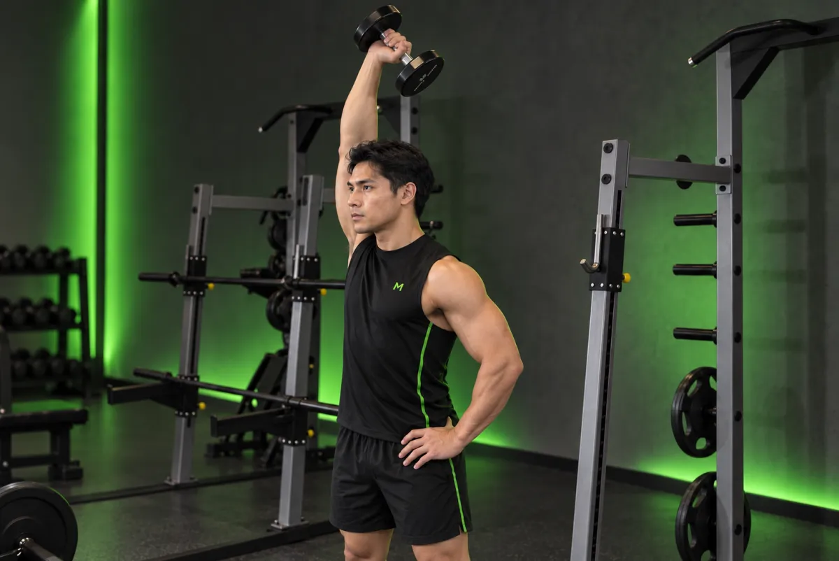 Duỗi tay sau một tay với tạ đơn (one-arm triceps extension) (Kết thúc)