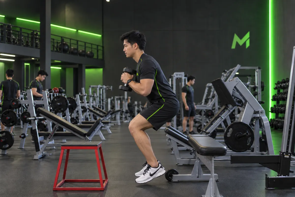 Nhảy hộp từ tư thế ngồi với tạ đơn (seated box jump) (Kết thúc)