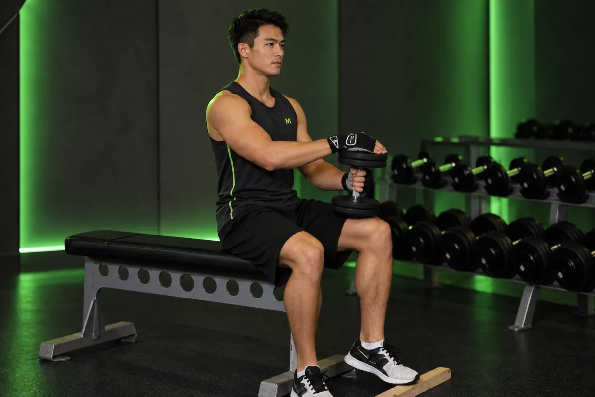 Nâng gót một chân khi ngồi với tạ đơn (seated one-leg calf raise) (Kết thúc)