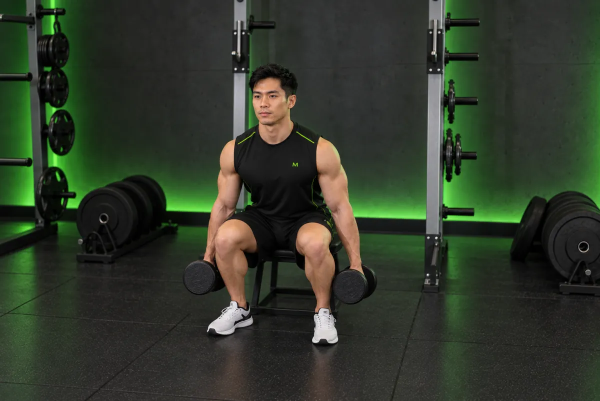 Squat chạm ghế với tạ đơn (squat to a bench) (Kết thúc)