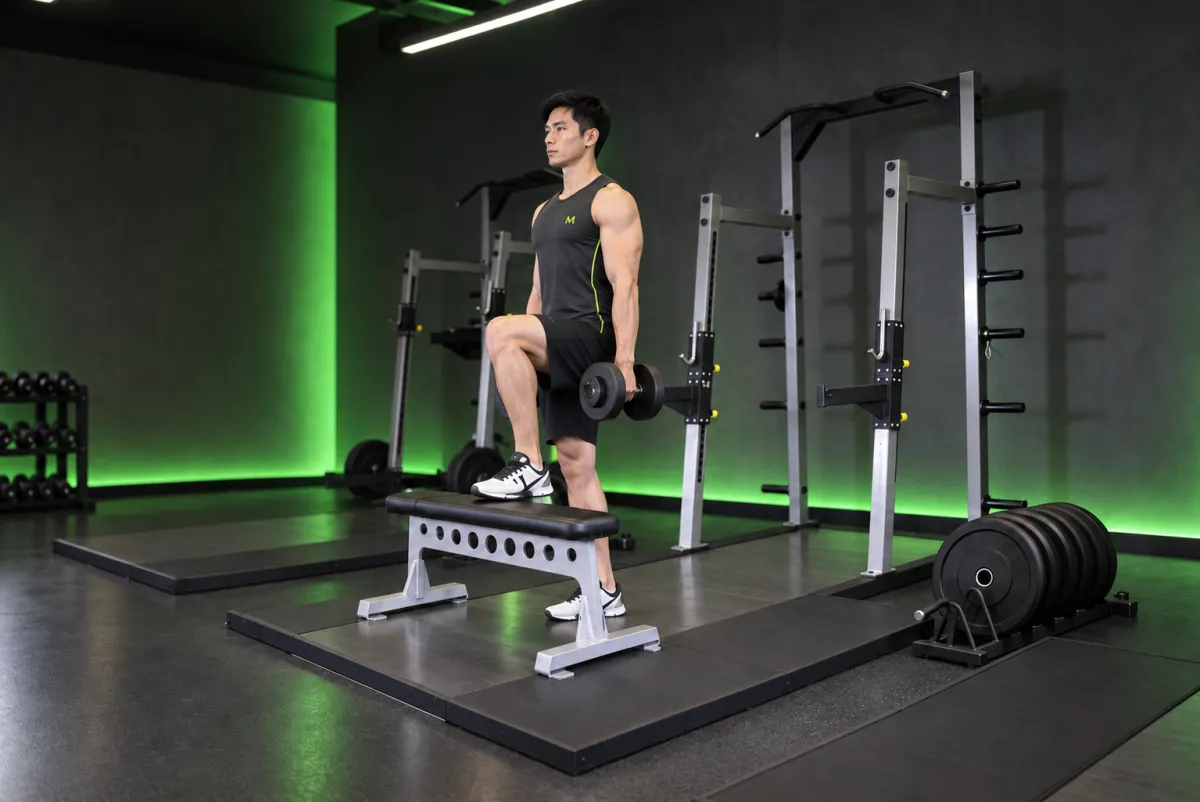 Bước lên bục với tạ đơn (dumbbell step-up) (Kết thúc)