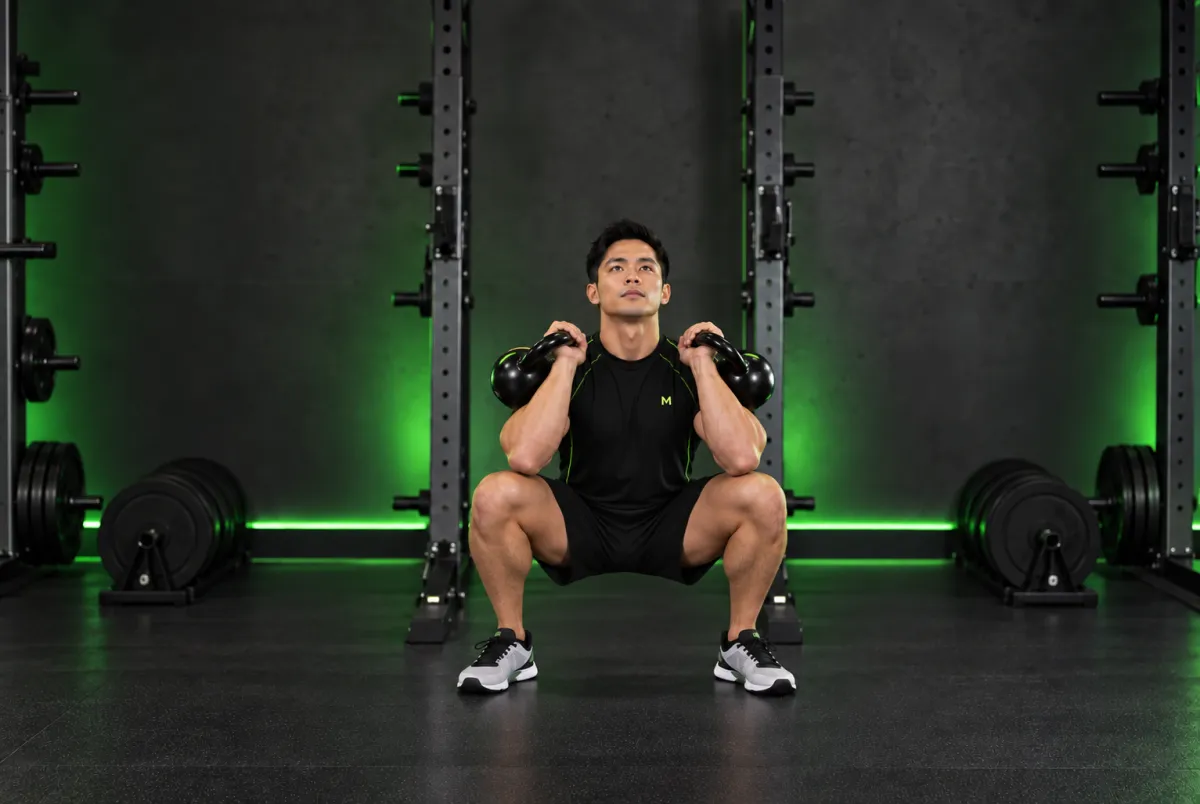Squat trước với hai tạ ấm (front squat with two kettlebells) (Kết thúc)