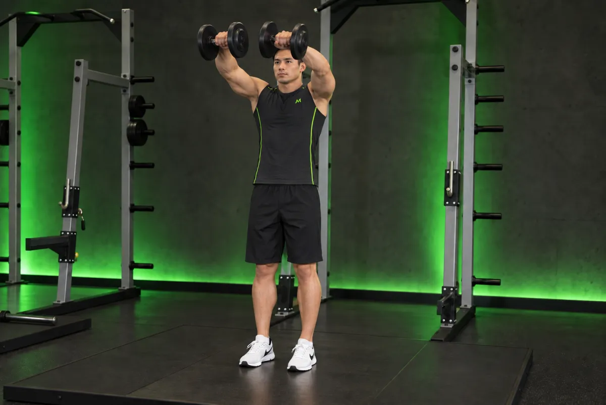 Nâng hai tạ đơn trước cùng lúc (front two-dumbbell raise) (Kết thúc)