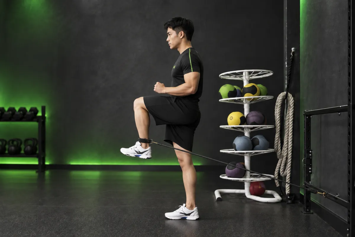 Gập hông với dây kháng lực (hip flexion with band) (Kết thúc)