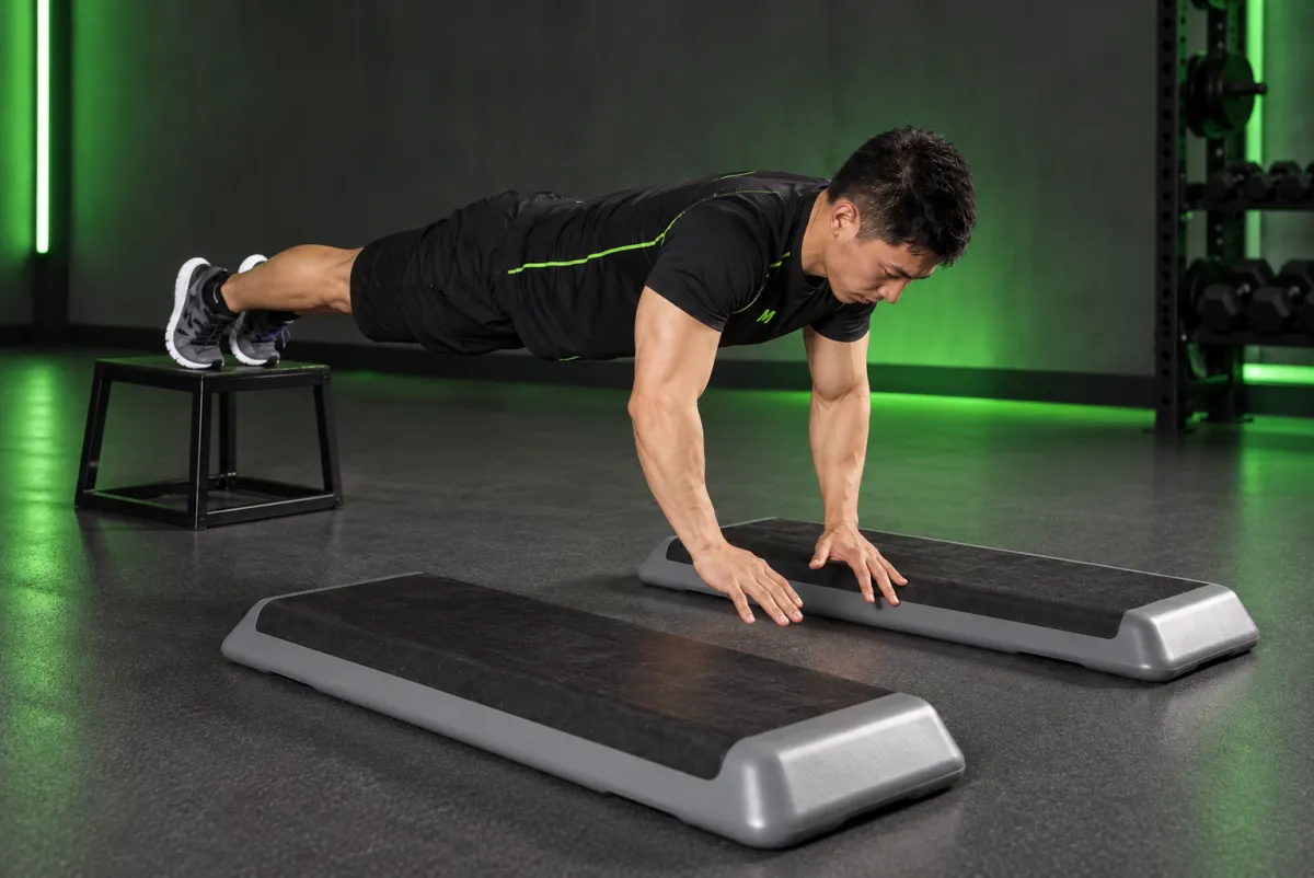 Chống đẩy bật nhảy xuống từ bục (incline push-up depth jump) (Kết thúc)