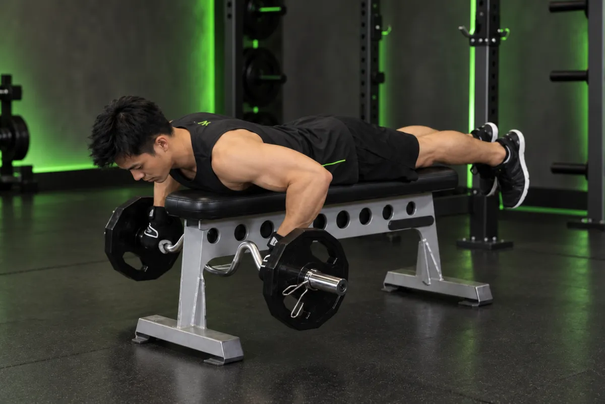 Kéo tạ đòn cong nằm sấp (lying cambered barbell row) (Kết thúc)