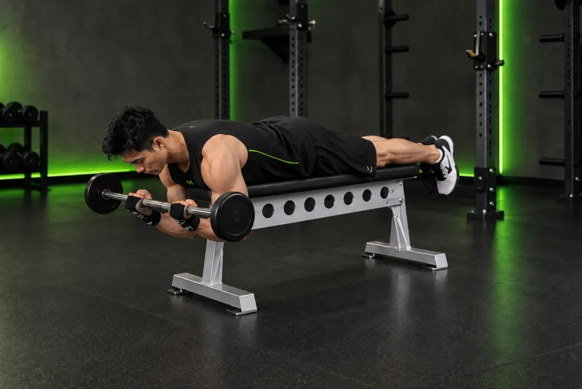 Lying High Bench Barbell Curl (End)