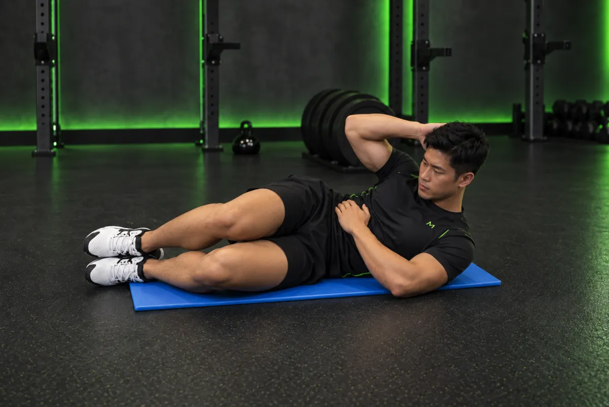 Gập bụng bên trên sàn (oblique crunch) (Kết thúc)