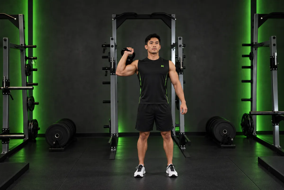 Para press tạ ấm một tay (đẩy ở tư thế quỳ một gối) (Bắt đầu)
