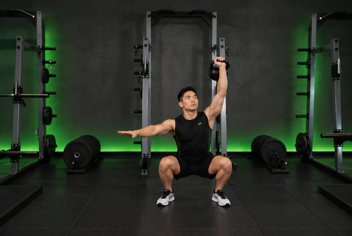 Squat giữ tạ ấm một tay trên đầu (Kết thúc)