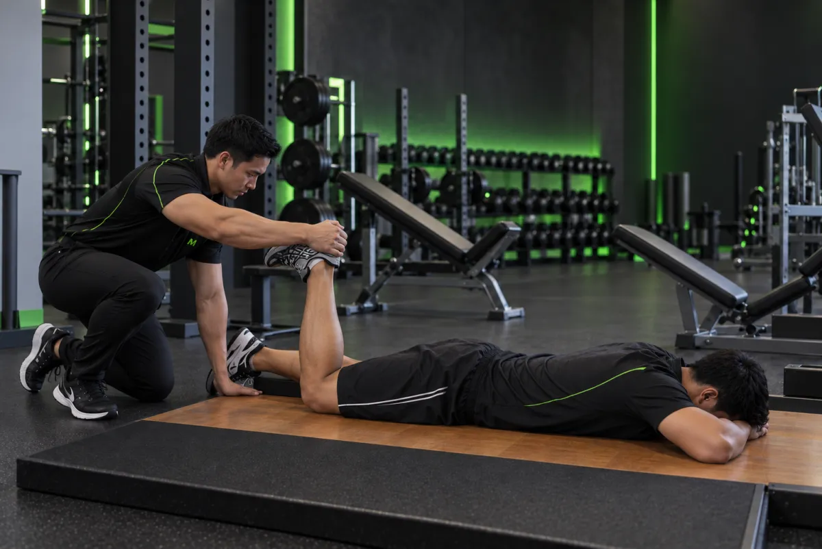 Co cơ đùi sau nằm sấp với người hỗ trợ (prone manual hamstring) (Kết thúc)