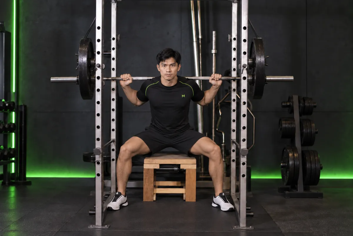 Squat ngồi hộp với dây kháng lực treo (reverse band box squat) (Kết thúc)