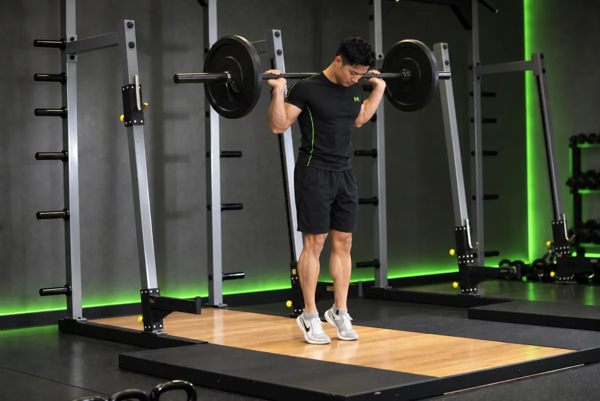 Nhón gót đứng với tạ đòn, nhún nhẹ (rocking standing calf raise) (Kết thúc)