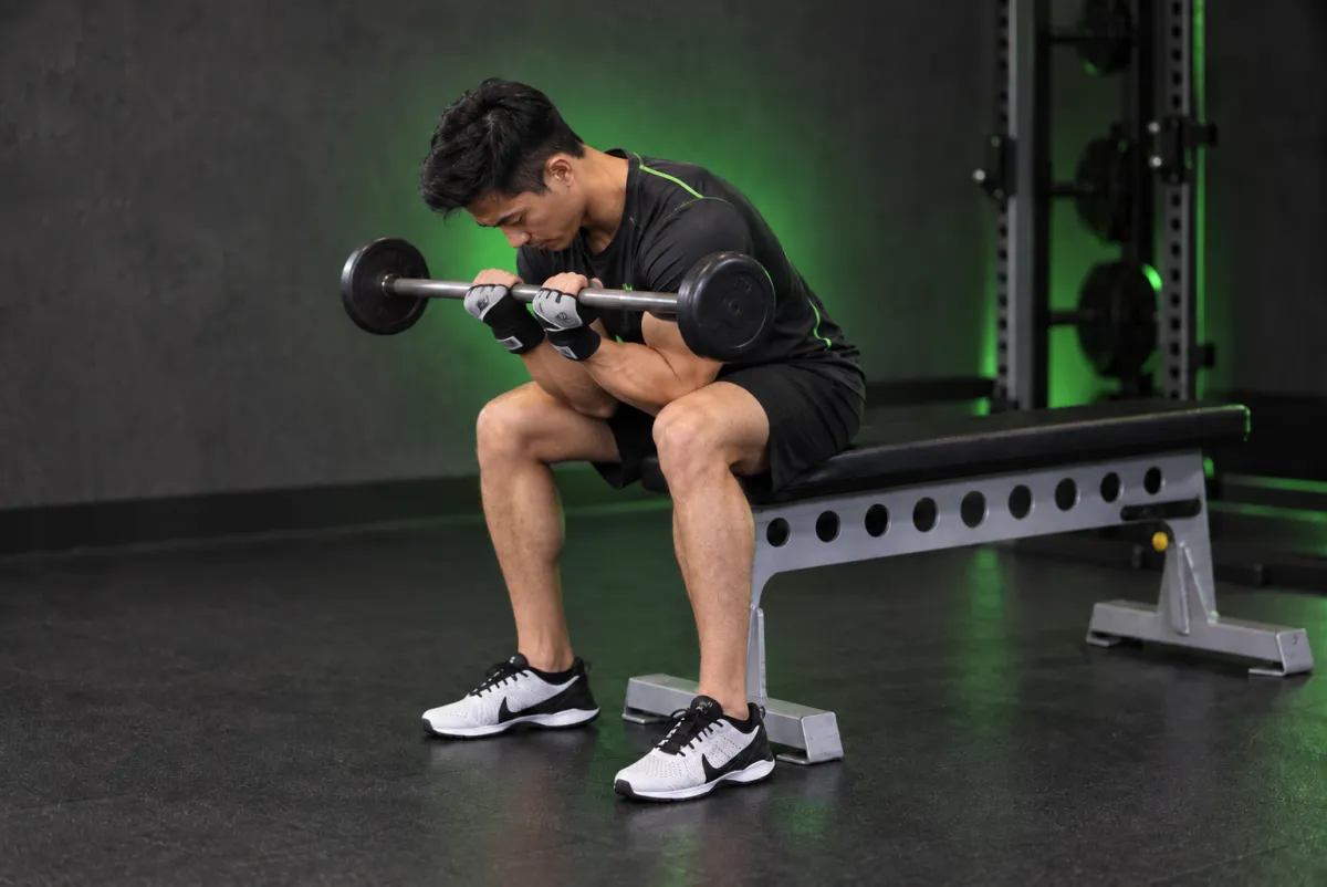 Cuốn tạ đòn tập trung nắm hẹp, ngồi (Kết thúc)