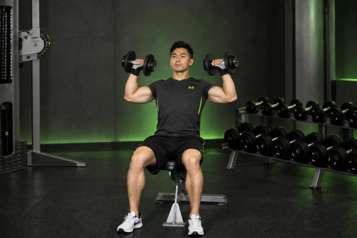Đẩy vai tạ đơn ngồi (Kết thúc)