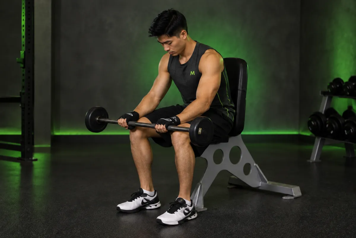 Cuốn cổ tay ngồi với tạ đòn, lòng bàn tay úp (Kết thúc)
