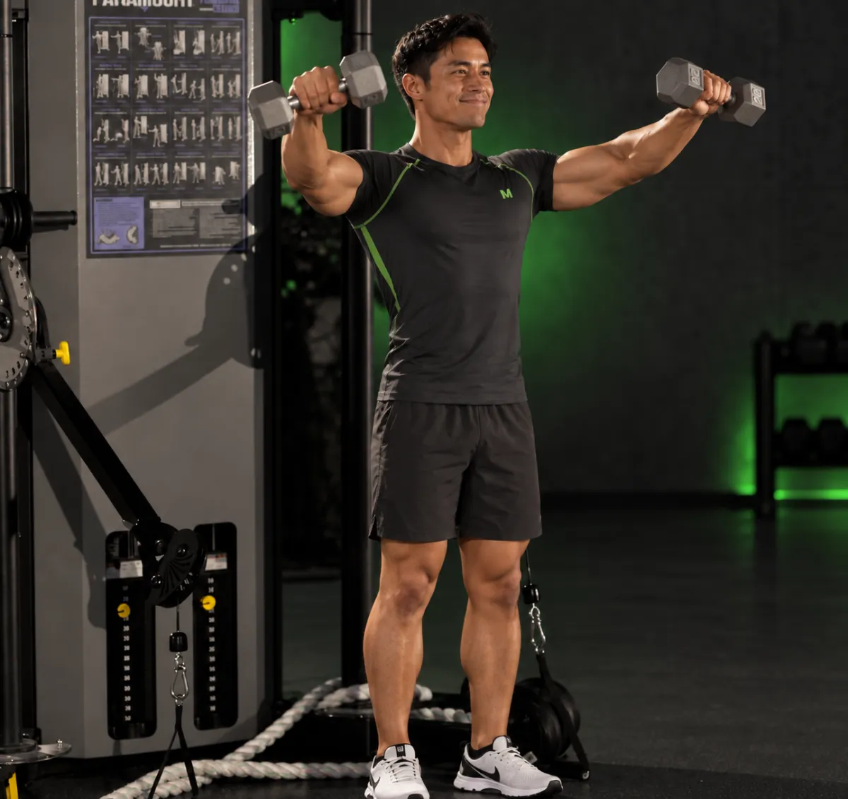 Nâng tạ sang ngang kết hợp nâng ra trước (Kết thúc)
