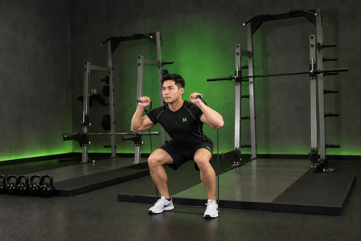 Squat với dây kháng lực (đứng lên dây) (Kết thúc)