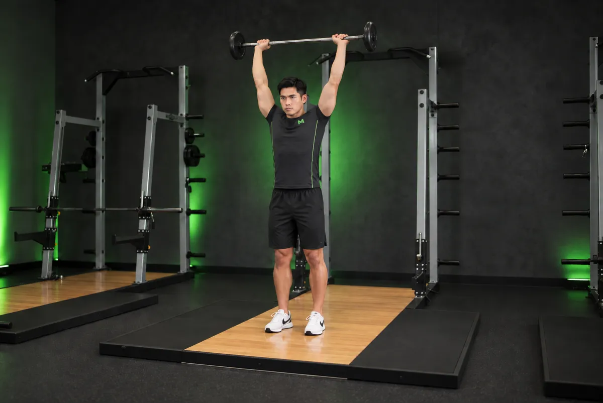 Đẩy tạ đòn sau cổ khi đứng (Kết thúc)