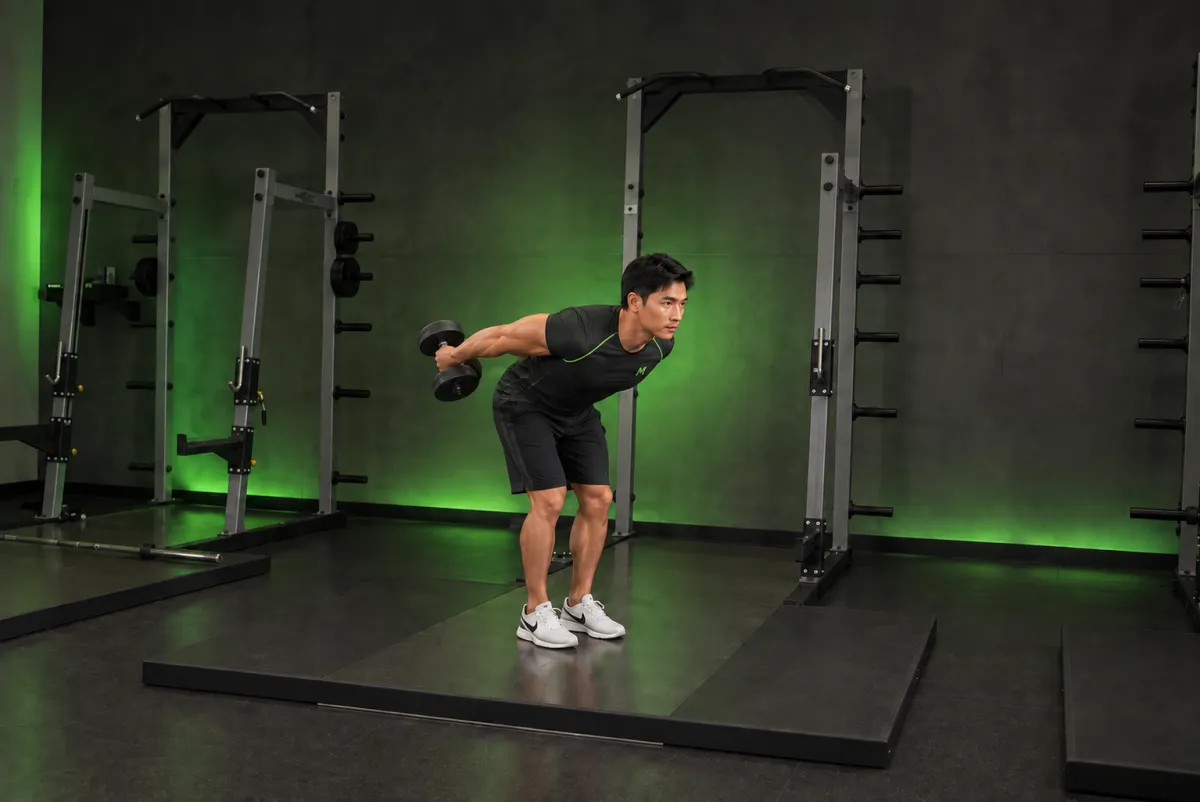 Duỗi tay sau hai tay với tạ đơn khi cúi người (Kết thúc)