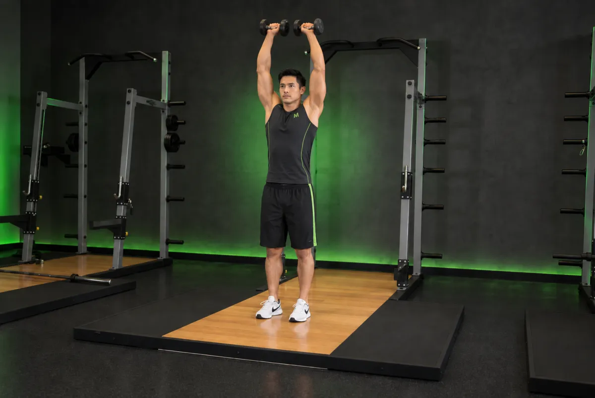 Standing Dumbbell Straight-Arm Front Delt Raise Above Head (End)