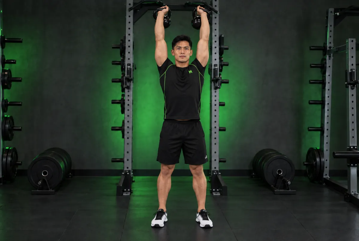 Đẩy vai hai tay với tạ ấm (kettlebell military press) (Kết thúc)